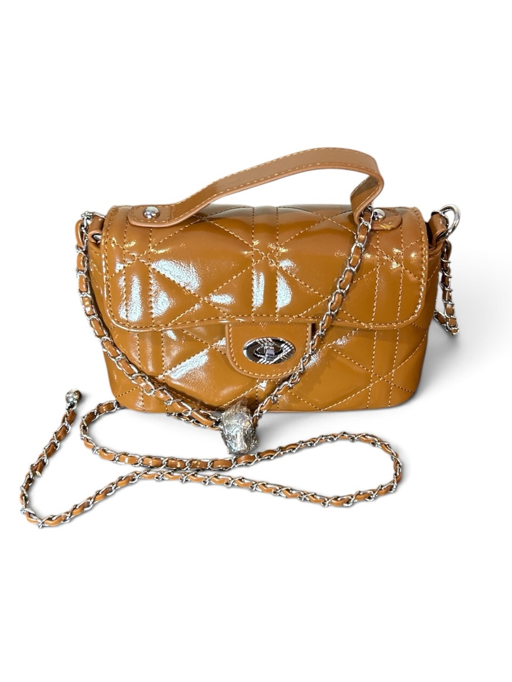 Fashion Quilted Patent faux leather Crossbody Bag - Carmel New